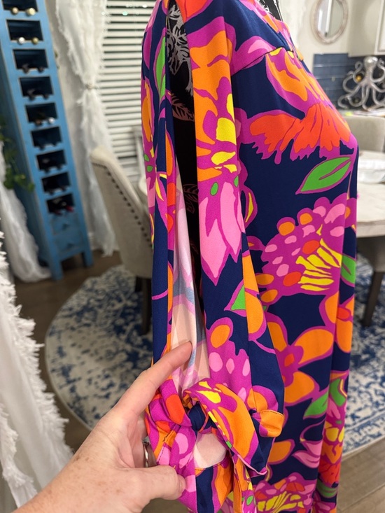 Trina Turk XL Floral Shift Dress Navy Pink Tie Sleeve Preppy - Picture 3 of 6